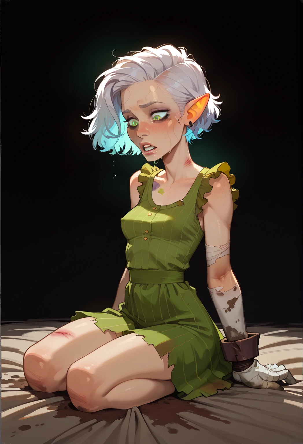 Elf, woman, medieval clothes,green hair, red eyes, long clothes, solo,red eye, crying, sad, hair tied, sitting in a corner, dirty clothes, dirty body