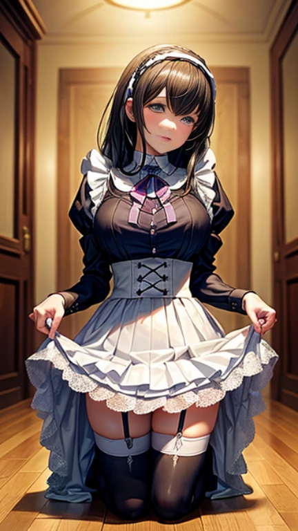 very cute and beautiful girl,(highly detailed beautiful face), (smile),blush,black hair,cowboy shot,looking at viewer, (floral pattern blue lolita dress with detailed frills),detailed lace,(skirt lift,white panties), altar,church,indoors, (best quality,masterpiece:1.2),absurdres,highres,ultra-detailed,extremely detailed,32k,8k resolution, intricate details,cinematic scene,detailed background,solo,dynamic angle,