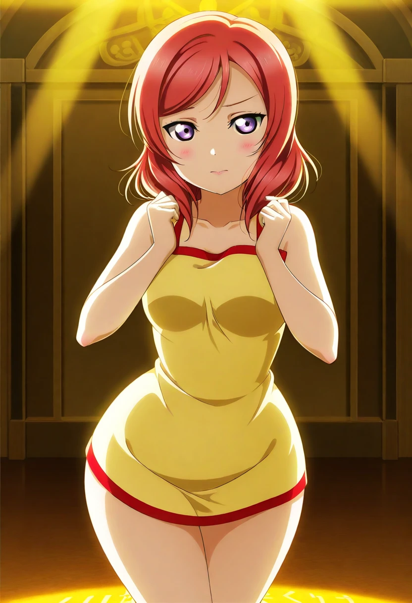 1girl, alone, yotsuba nakano, masterpiece, detailed, cowboy photo, looking at viewer, best quality, high resolution, good lighting, dynamic posture, curvy body, short hair, orange hair, wedding dress, white dress, dress without sleeves, opening in the chest, loose sleeves, bare legs, smile, ((1girl)),((only)), indoor, church, altar, large breasts, medium waist, wide hips, medium thighs, round butt, standing ,looking back,from behind,,focus on the butt,pov (from below),perfect anatomy,perfect hands