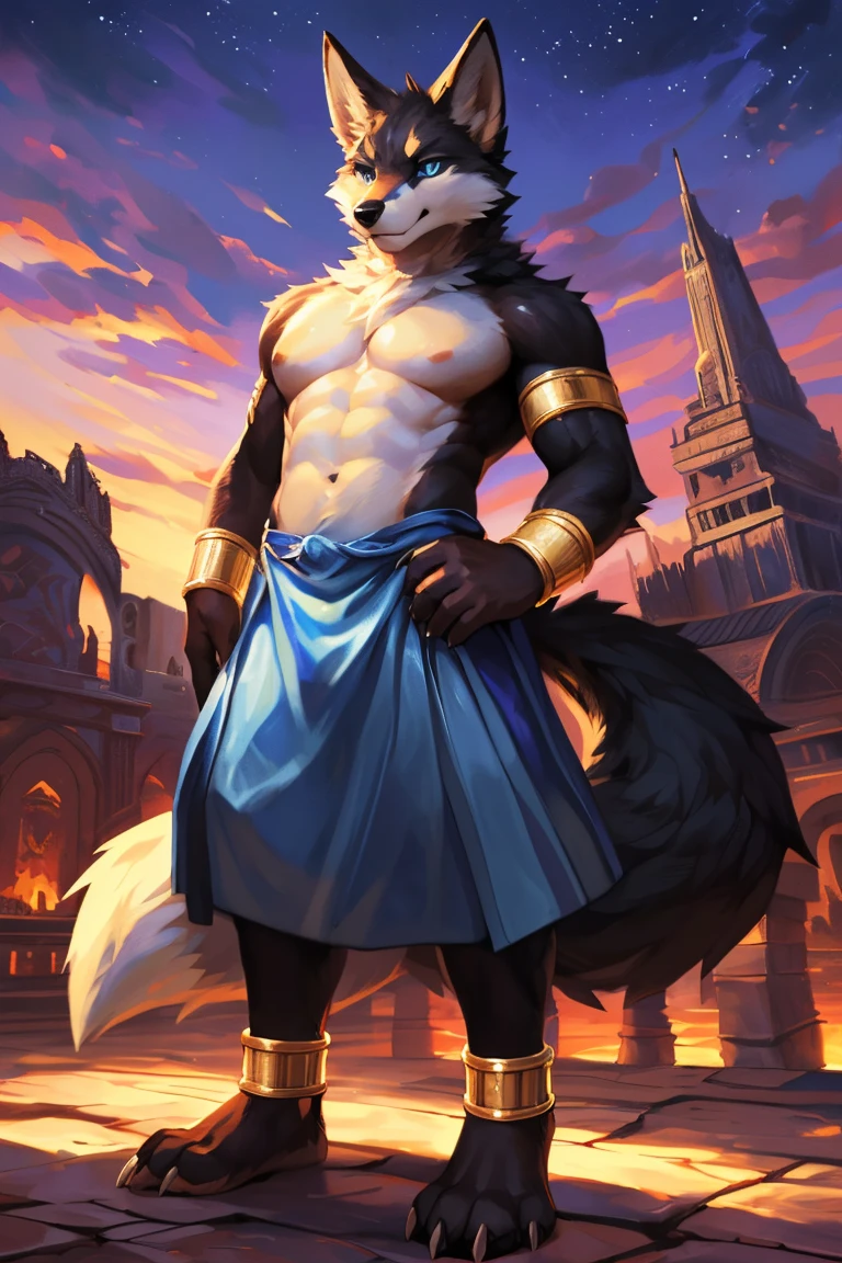 ((Solo)), male people, anthro wolf, (Multi-colored fur, White tail pointed), (Height 2.1 meters,Tail length 1.5m), Abs, pinginuscular, A long big tail, by patto, town