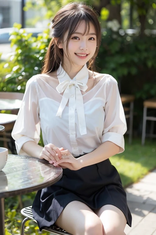 1 girl, (8k, RAW photo, best quality, masterpiece: 1.2), underwear Wet(realistic, photo-realistic: 1.37), ultra-detailed, beautiful, solo, beautiful detailed sky, detailed coffee, night, sitting, (flushed nose), (smile: 1.1), medium breasts, beautiful detailed eyes, long brown hair, (collared shirt: 1.1), bow tie, pleated skirt, (short hair: 1.2), long hair, taking big ice cream,