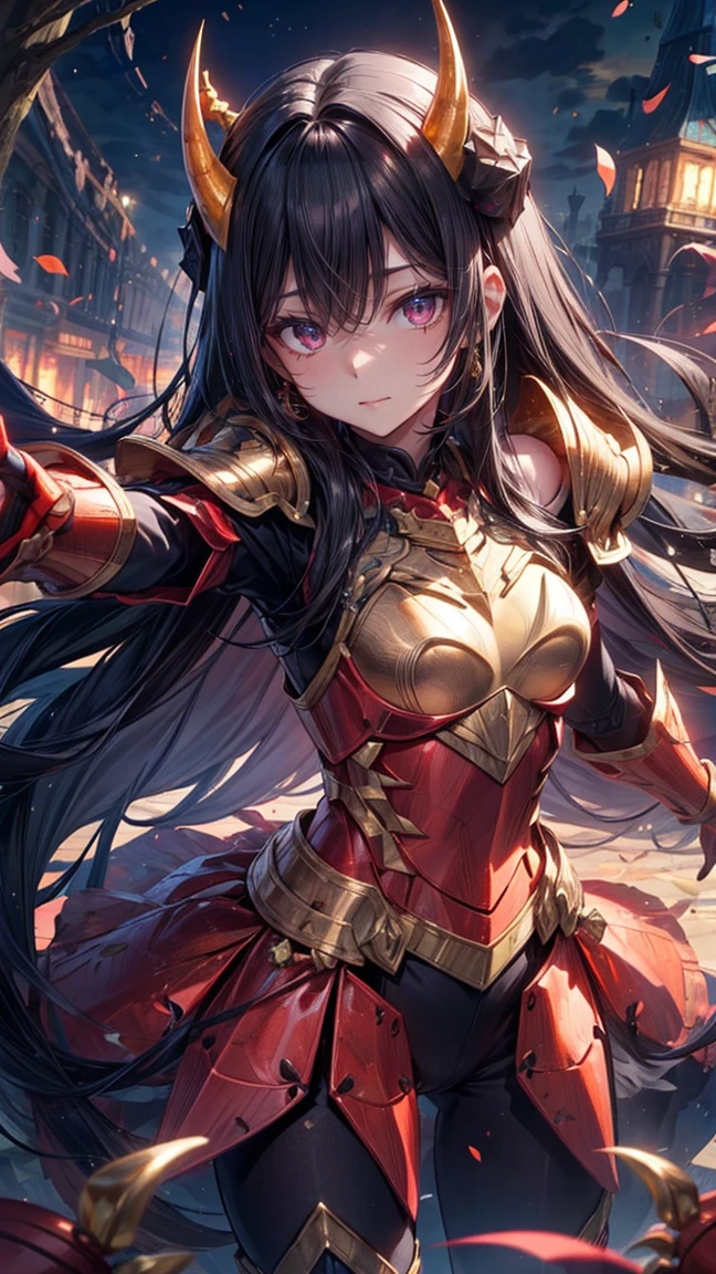 perfect anatomy, masterpiece:1.2, best quality, 8k, beautiful detailed grow, daydreaming expression, ((battle stance)) (((in the Mega Flare))) center on (solo:1.3 straight black hair long hair cute femdom girl, 17 yo, detailed red eyes, angry smile), break, in a battle dress, Explosion at the rear, battle firld.