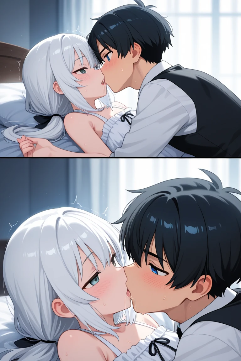 1male, 1girl,face to face,{{{{kiss her breast}}}},hug,1boy,Sucking a girl's breasts,black hair,dark skinned,middle aged man,1girl,Nude,Red eyes,Long twin tails,Brown Hair,Eyebrows visible through hair,Flat Chest,