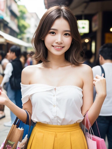perfect Ratio Face, Balanced eyes, double eyelid,japanese girl,12yr,round face, Beautiful nasal muscles lipgloss,Balanced style,shorthair with bangs,smile,open dress shirt,off-shoulder,enamel underwear,undersize panties,gray color skirt,wearing watch on rist,on backstreet