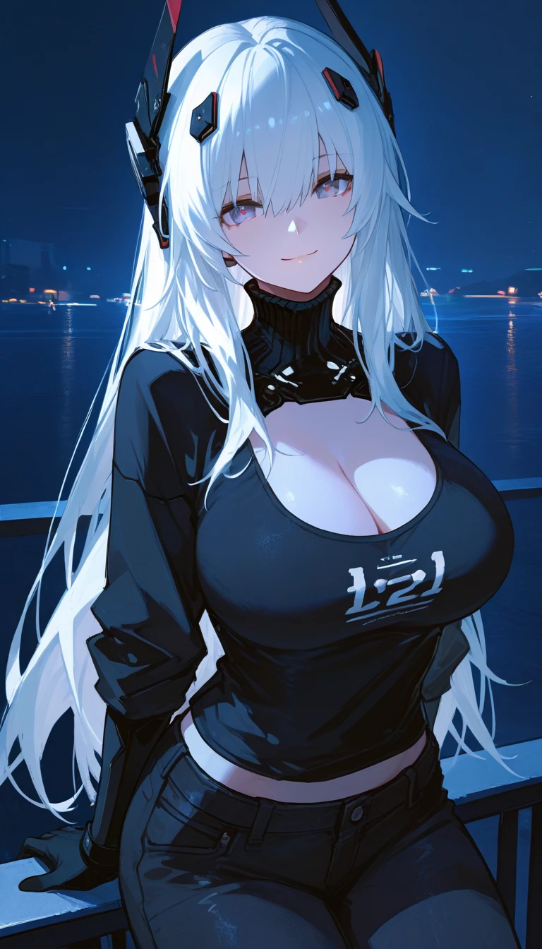 close up face, focused in face, beautiful face, City alley at night with rain, con sudadera con capucha negra, La cara de la patata, 1girl, Cabello largo y plateado, odd eyes, high resolusion, ultra sharp, 8k, (Super detailed), ojos azules, ((heavy sagging big breasts.))
