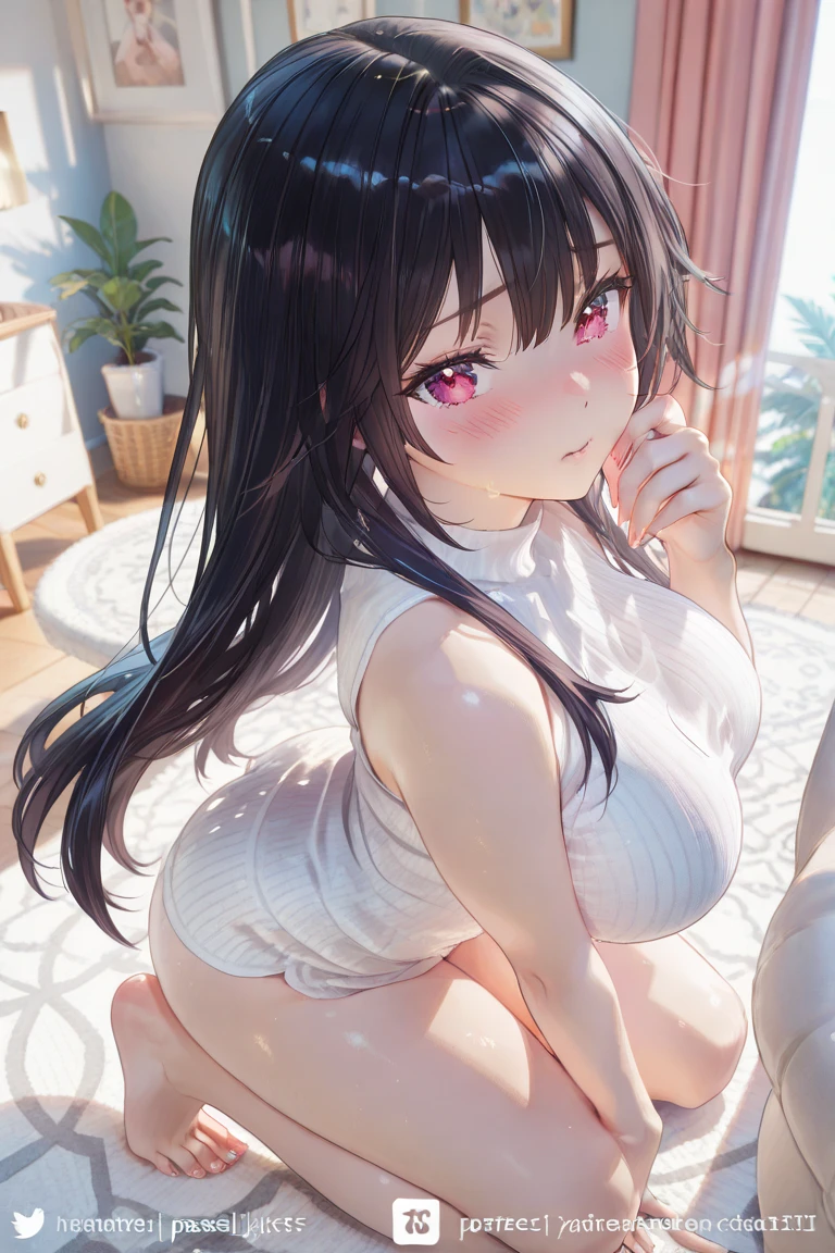 Side angle, (avert your eyes:1.5), Realistic, (Pale skin: 1.2), RAW Photos, Realistic, Portrait Photography, Shiny skin, Japanese Idols,Shiny Hair,(A 25-year-old woman with medium-length straight hair and bangs) and (Black Hair) and (Purple eyes) ,smile, Background is an office room,2 people,全naked,naked