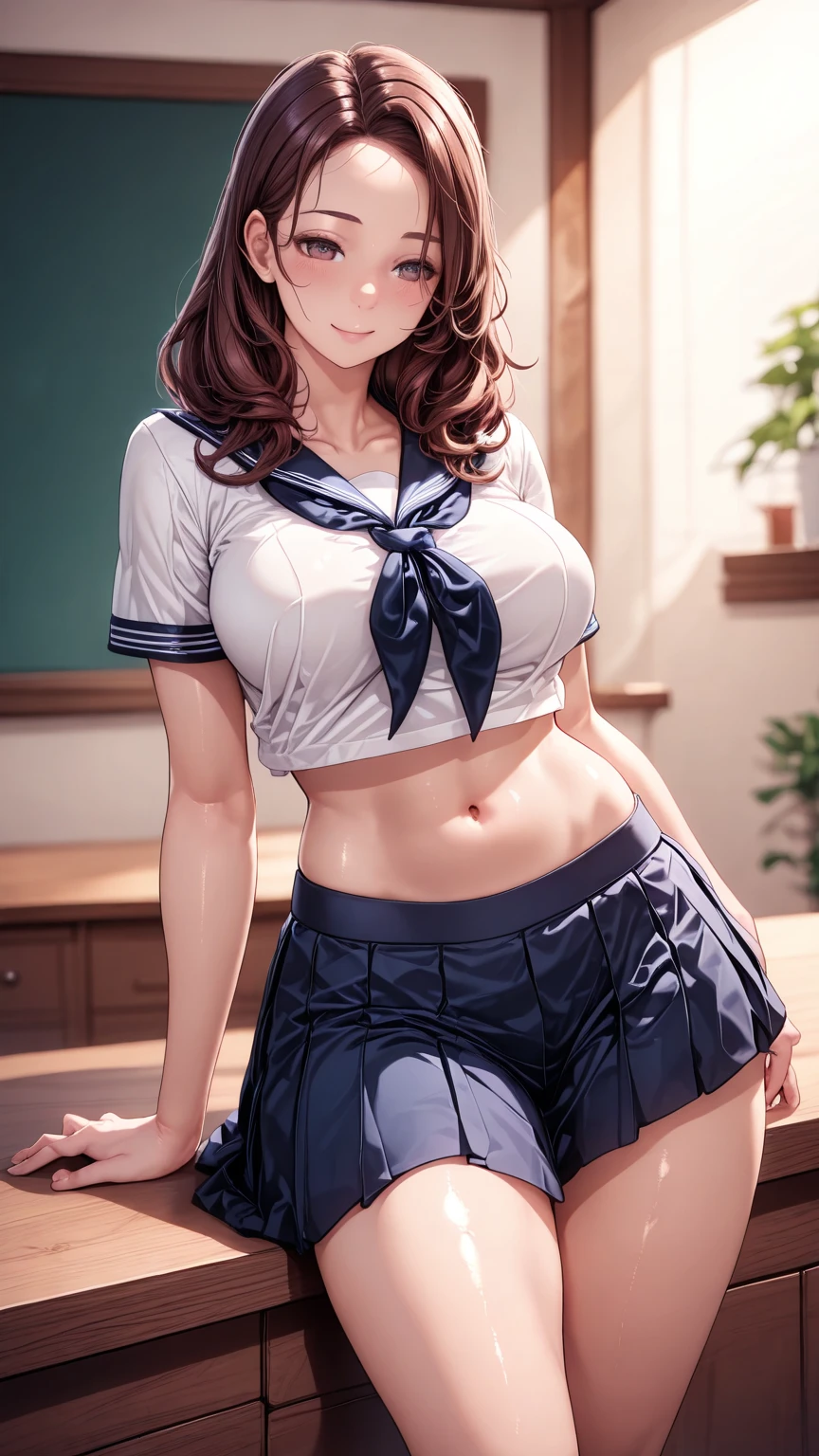 Light skin, bob cut, cleavage, tied shirt, midriff, flashing red panties, short skirt, stockings, blue eyes, blonde