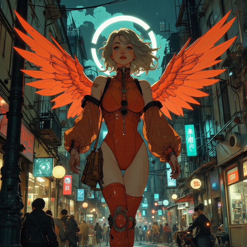Shooting from the feet、焔に燃える深紅のラテックススーツの露出度の高い衣装に光輪とブラジャーをつけたサイボーグのSeraphimの女, The body of a shining machine、On the back６There are two very large fierce angel wings, Gray Hair、background：The Collapsing Hell of Cybercity、nightのサイバーシティーの空、night、Concept Art：Jason Chan, CGSociety Contest Winner, fantasy art, beautiful Seraphim, Seraphim | Future, Seraphim, Angelic Sex, Alena Aenami and artgerm, Sexy Cyberpunk Fantasy, Cinematic body shot of a fierce angel, detailed hands, Anime art
