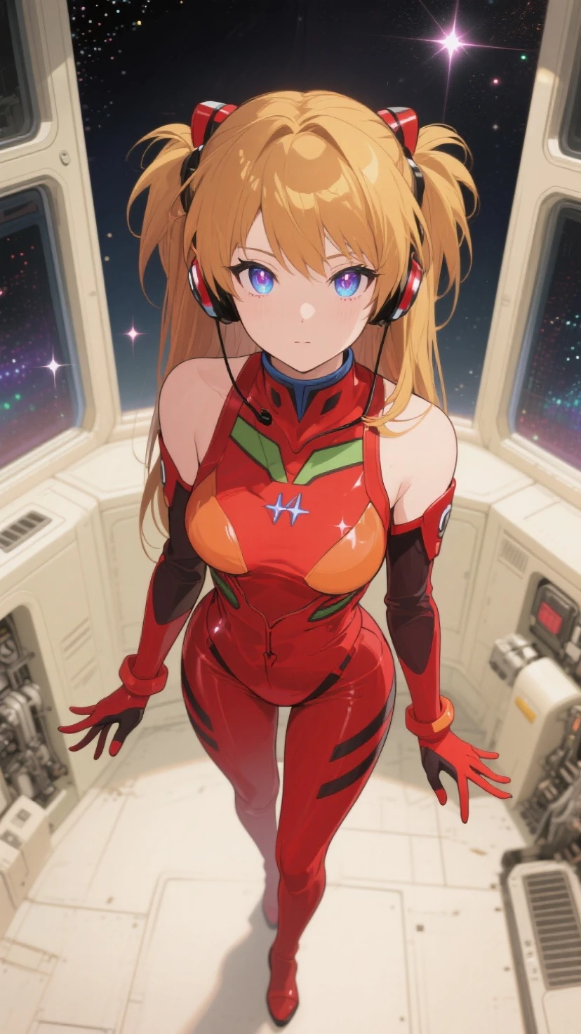 (masterpiece, highest quality), One Girl, Beautiful Face, Beautiful body, souryuu_Asuka_Langley, Plug Suit, Bodysuits, Interface Headset, red Bodysuits, Hair between the eyes, Pilot Suit,((Please show me your whole body:1.5)), ((The background is space:1.3)), (Amazing details, Excellent lighting, Wide-angle)