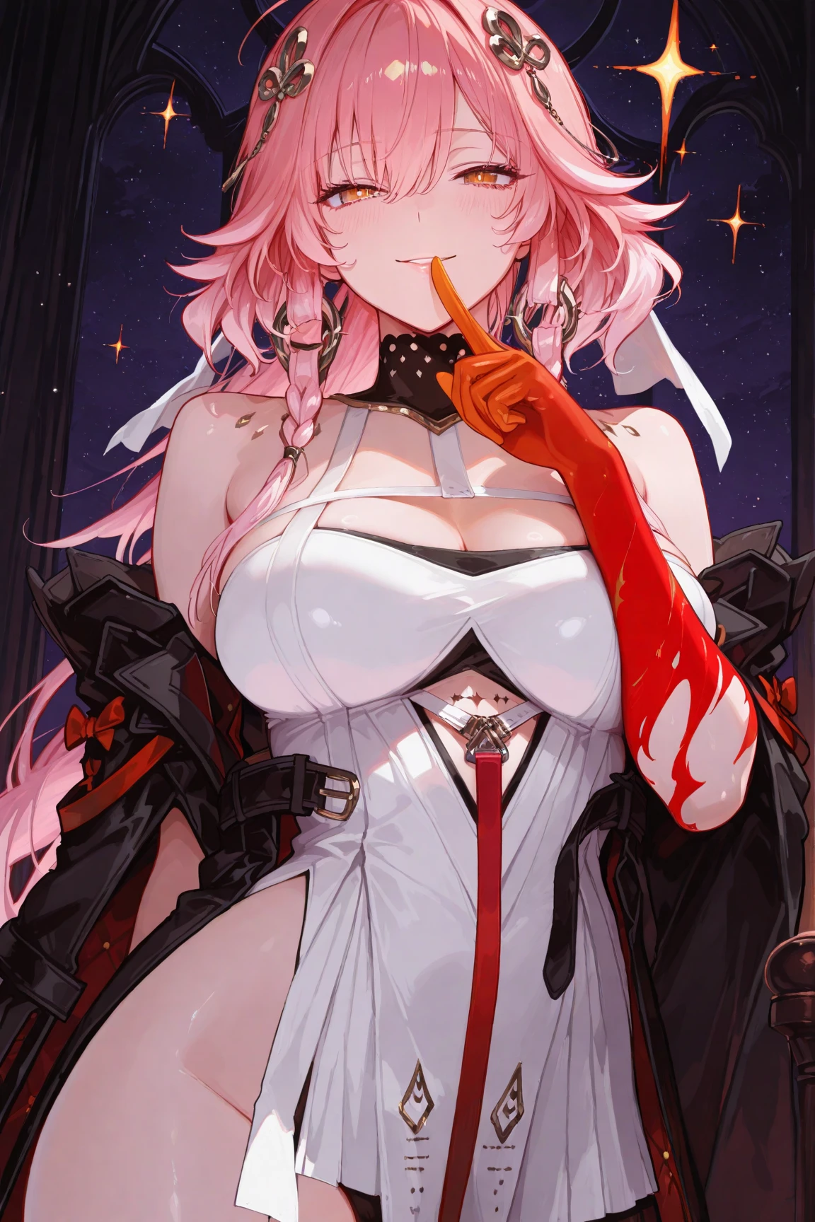 realistic, 1girl, (vampire girl:1.4), white hair, (red eyes), glowing eyes, slit pupils, (blood, blood splatter), crop top, cleavage, short shorts, collarbone, parted lips, fangs, makeup, blush, night, reflection, full moon, moonlight, rose, castle, shadow, darkness, bat \(animal\),