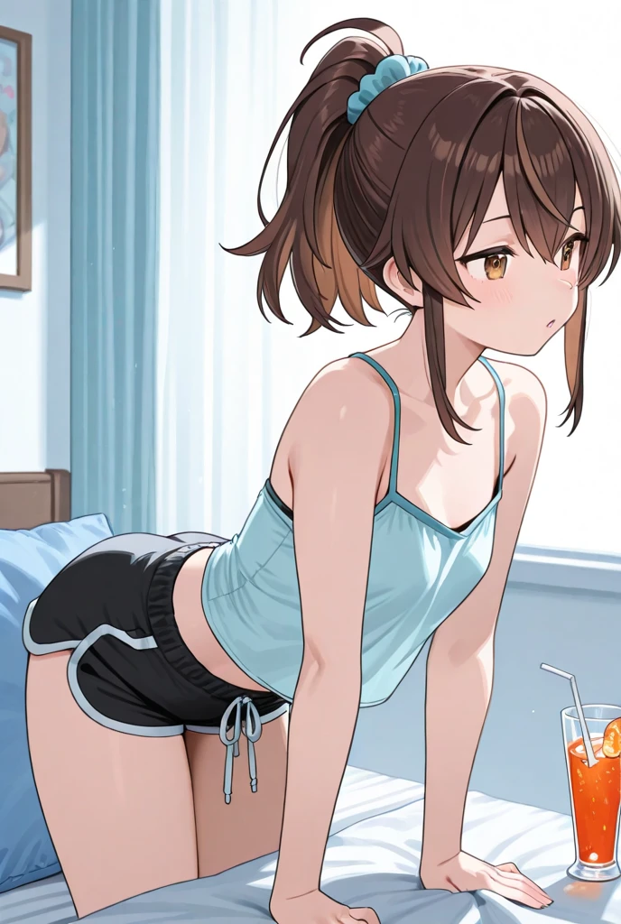 masterpiece, best quality, extremely detailed, anime, girl,changing room,(surprised:1.2),(bra),(white panties),(flat chest),ass focus,looking back,leaning forward,(underwear)