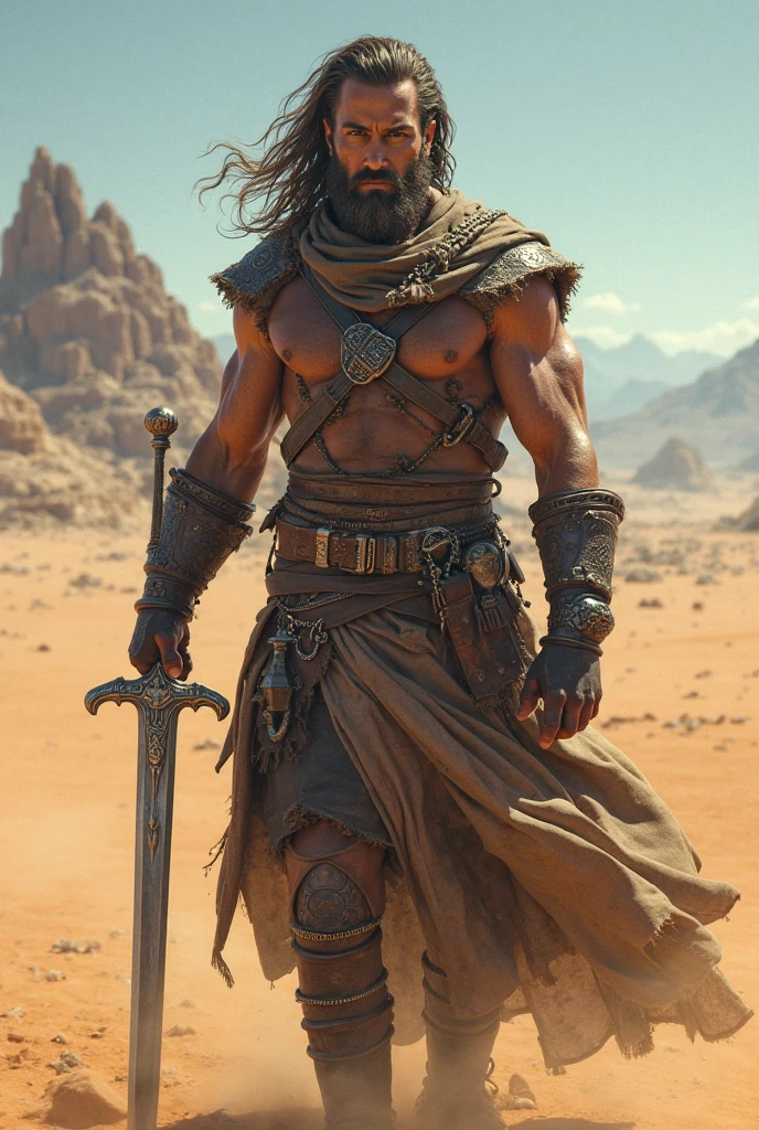 Full body profile of a muscular, tattooed American Indian man, wearing black hood and cape, detailed owl mask under the hood, , attractive face, no beard, shirtless and wearing loincloth, loose black pants, high black boots and bracelets on both wrists. He is in a fighting stance with an axe, standing in the Arizona desert. Frazetta Art style .