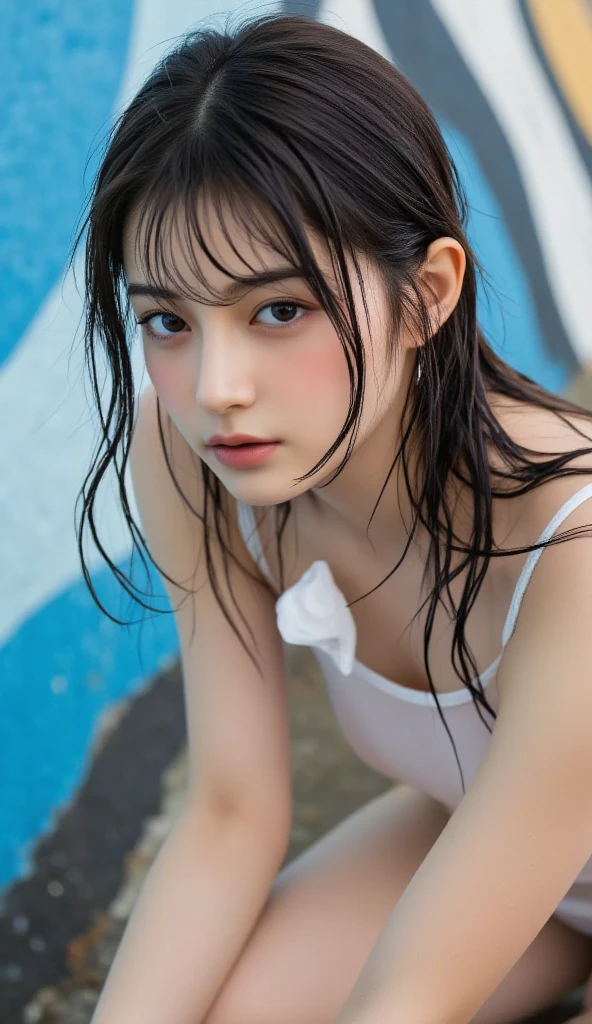 40-year-old Japanese woman、Black Hair、Hair is very short、Twin tails、Hatsune Miku Costume、Headphones、Flat Chest、Realistic photos、Realistic、8K quality、expensive、No bangs、Swimwear、High resolution, Highest quality, Anatomically correct, Winner of numerous awards, Ultra high definition, 夜のプール、ネオン
