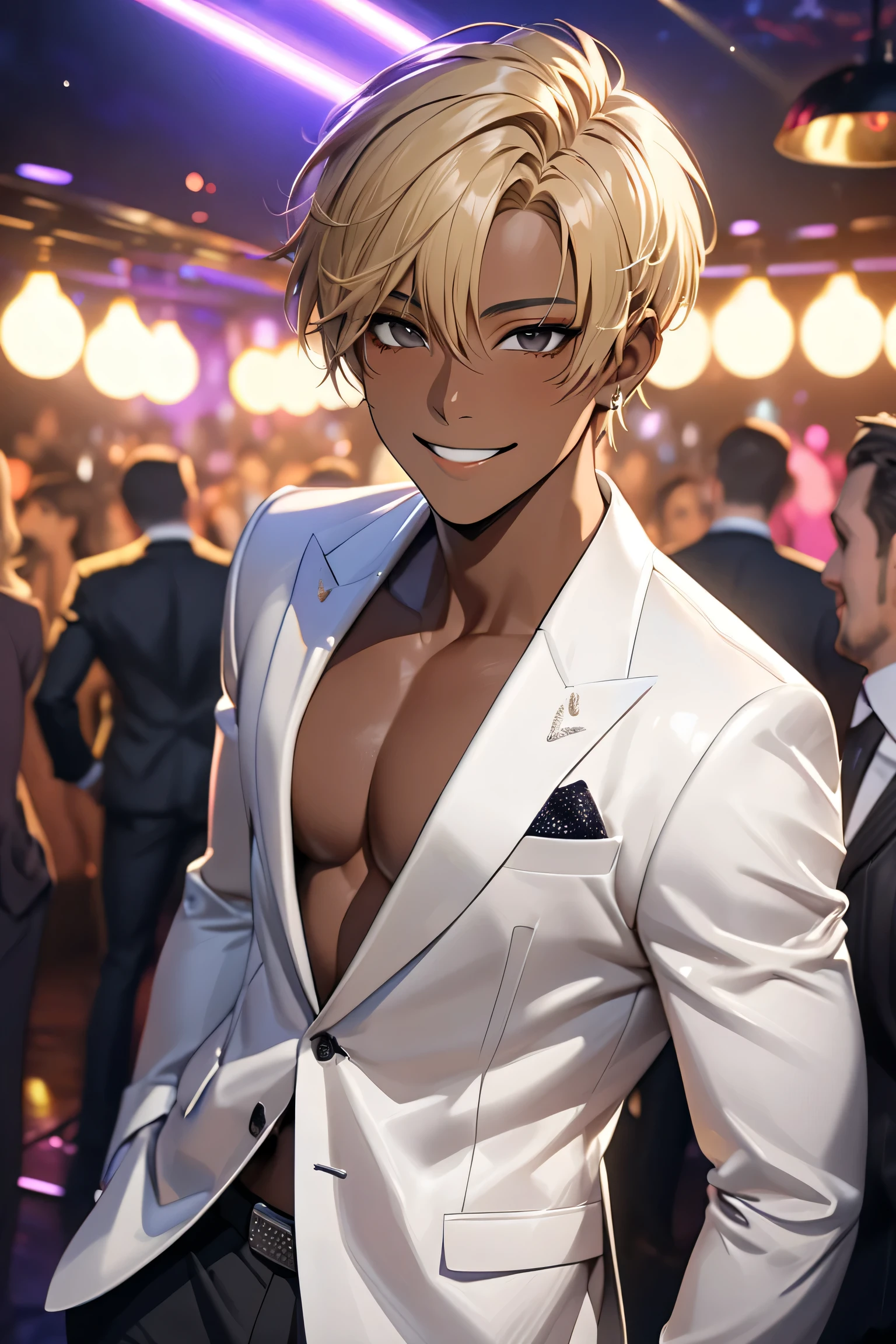 (solo idol japanese african black boxer boy), blond short Hair, Nightclub host, suits, detailed Black Eyes, (dark skin:1.5), best quality, 4k, 8k, highres, (masterpiece:1.2), ultra-detailed, (photo realistic), looking at viewer, (smile:05),