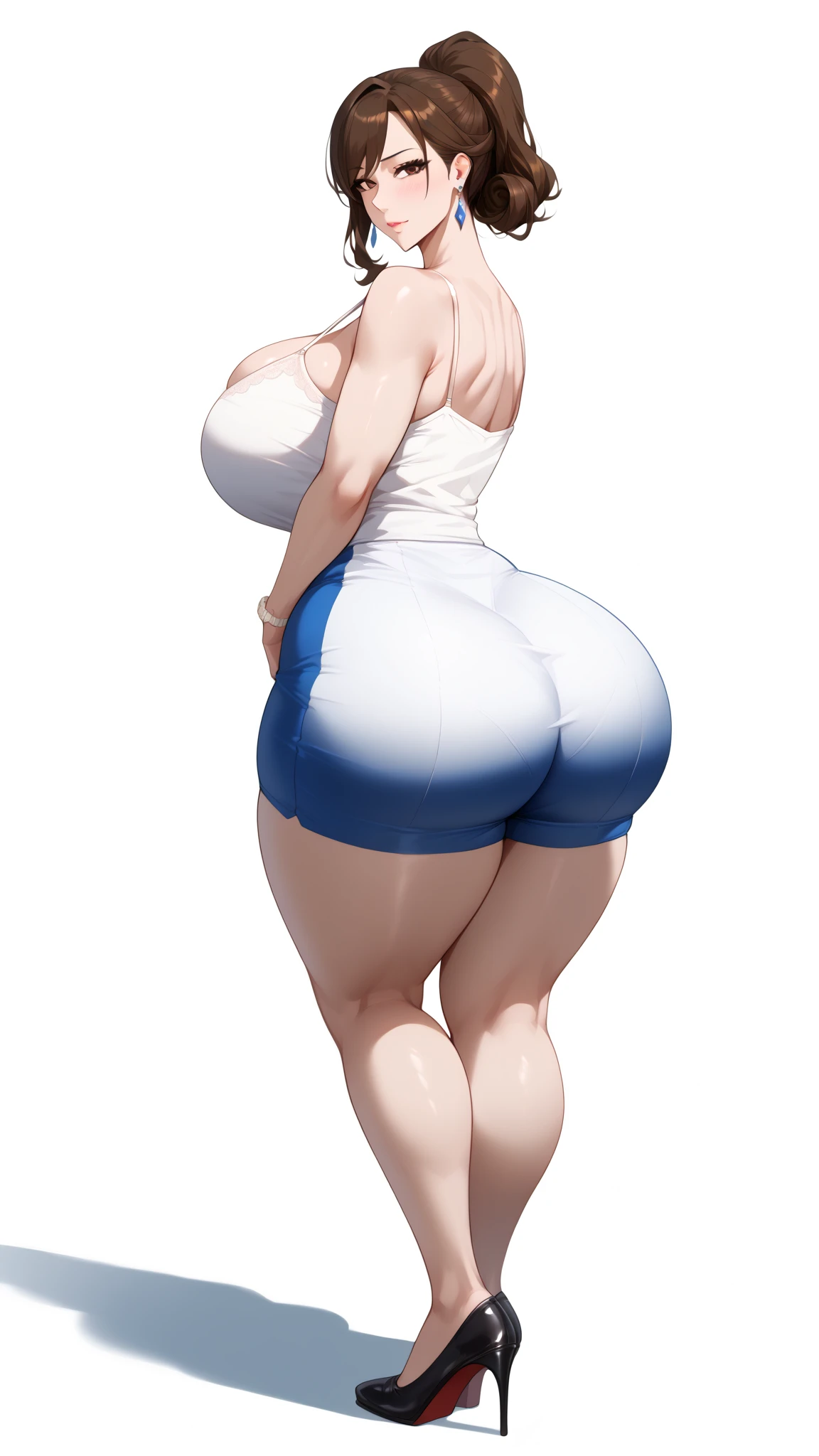 masterpiece, highest quality, High resolution, One girl, solo, sexual intercourse, Pornographic images, short hair, etsukoto, brown Eyes, fine grain, fine grain, (((Thick thighs, Plump thighs, Voluptuous thighs, Thighs alone are enough))), Huge and ample breasts, Cleavage, big long breasts, Naughty big,((big breasts are important))、((Naughty thighs)), L Cup, (thin:1.4),(Tight waist:1.4), (white swimsuit:1.4), Embarrassed look, blush, (((Simple Background))), ((Wide Hips)), Shiny, Oily skin, Mature mother, Calf, Seductive mature woman, milf, Perfect body, Plus Size Model, curvy, ample, etsukoto, blush, clavicle, retro artstyle, 1990s (style), (thick thighs:1.4), ((undersized swimsuit)), (((ass focus, showing hip))), (from side:0.7), bent over,