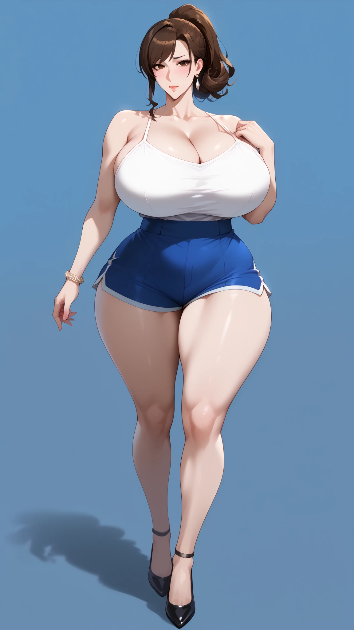 Huge breasts, Big Hips, Tank top, Denim shorts, Full Body Shot, Mature mother, Whipping the lower body, Plump thighs, Calf, Seductive mature woman, Perfect body, Plus Size Model,