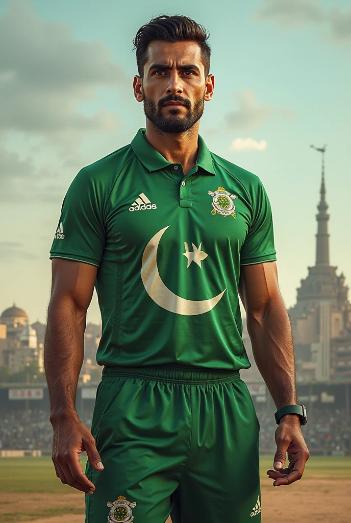 I want a post of 50×50 inch. The post must include arshad nadeem's pic who currently wins gold in javelin throw in paris olympics 2024. Mention his record throw 92.97 must be mentioned in bold. Mentions pakistan's logo in his sando and make a real post of colour theme black and sky blue. The face must be of ARSHAD NADEEM