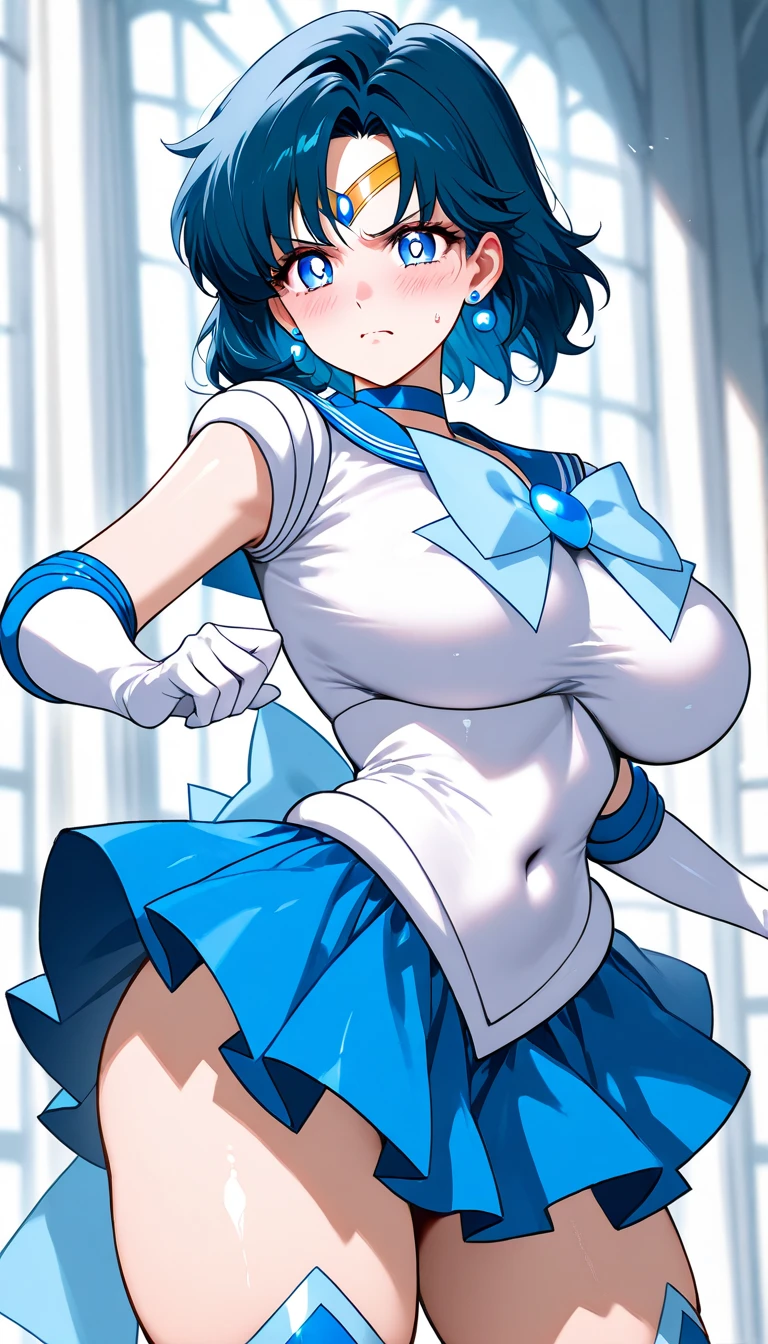 (only, One girl), (Absurd, High resolution, formula wallpaper, Poster), (masterpiece, Best Quality:1.2), (figure, Realist), (Perfect details, Most detailed, Very detailed), Dramatic Light, Ami Mizuno, (Sailor Mercury, Neck tape, Blue Hair, short hair, ring, gem, Half moon earrings), (city, Starry Sky), (White thighs, ,Captivating smile, blush, Are standing) (dress, skirt), Huge breasts, blush, On the bed