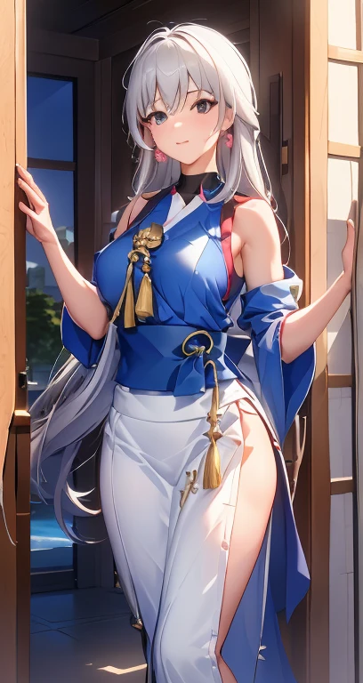 (((Ultra-HD-quality-details, relaxed))) emphasized-details:2, (((1girl-is-wearing-traditional-asian-costume-"Shiwarai"))), dangerous-physique, (((royal-blue-hair-having-white-streaked-hair))),
