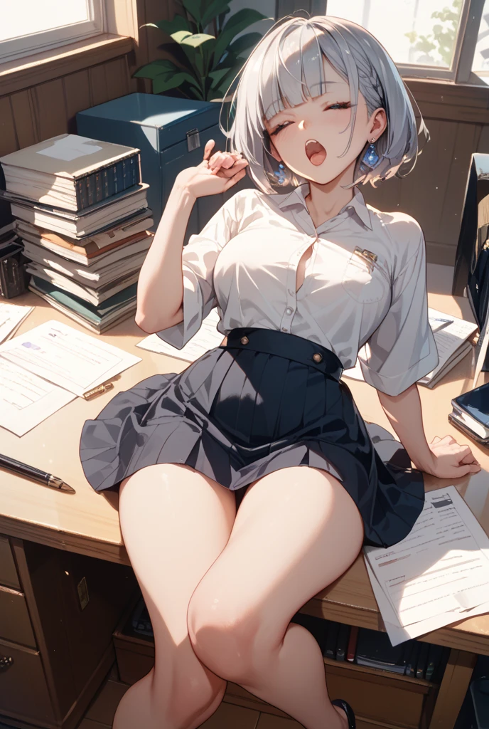 8K, A masterpiece of softcore pornography shot by Kishin Shinoyama, Bast quality,big, RAW Photos, (Ultra-thin contour lines), (1 Girl), Ruri Hoshino, Ruri Hoshino , Dark brown eyes, Star-shaped highlight eye, Silver Hair, Twin tail middle hair, Professional Lighting, (Shiny skin: 1.2), shiny big, ((Highest quality)), Sharp focus: 1.2, Highly detailed face and skin texture, fine grain, Perfect Face, Perfect body, Blur Art, CG, background, milk, in front (18-year-old, Cool and beautiful girl face), wear ((school uniform)), thigh), blush, (Porn Cosplayer), (Camel Toe, White panties), Gravure idol style table, She pulled up her skirt to avoid the heat..、I sat on the desk with my knees raised...。., My favorite girl, Browsing Caution,