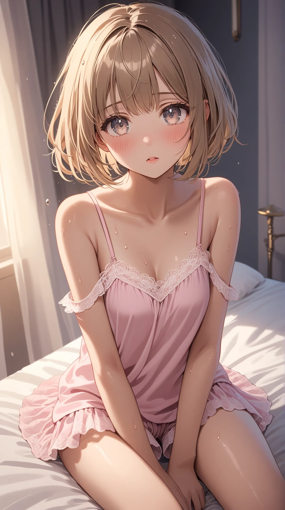 ((Highest quality)), ((masterpiece)), (detailed), One person, (Large forehead:1.2),extremely detailed cute anime face, (((Flat Chest))), (Flat Chest:1.1),((((Short Bob Hair)))),Complex eyes,beautiful detailed eyes,Symmetrical eyes,(((detailed face))),beautiful detailed lips, If you look at this, (((Embarrassing))),(emotional expression),(My heart is pounding with anticipation.),High resolution,(Highest quality),(ultra detailed,extremely detailed),Perfect Face details, ((masterpiece:1.4, Highest quality))+, (ultra detailed)+,, cute, (Flat Chest:1.1), Small breasts, The body is slim, (Small waist), prominent clavicle, arms, Flat Stomach, Pelvic bones are visible, Water hair, Perfect Face, detailedなボディ,White camisole dress,Her clothes are transparent and her skin is visible,(The clothes are see-through and you can see pink nipples.),Complete limbs, (Turning), (From above) ,String Panties,Bite into,On the bed,Her Room,Heavy breathing、I breathe、Sweat、