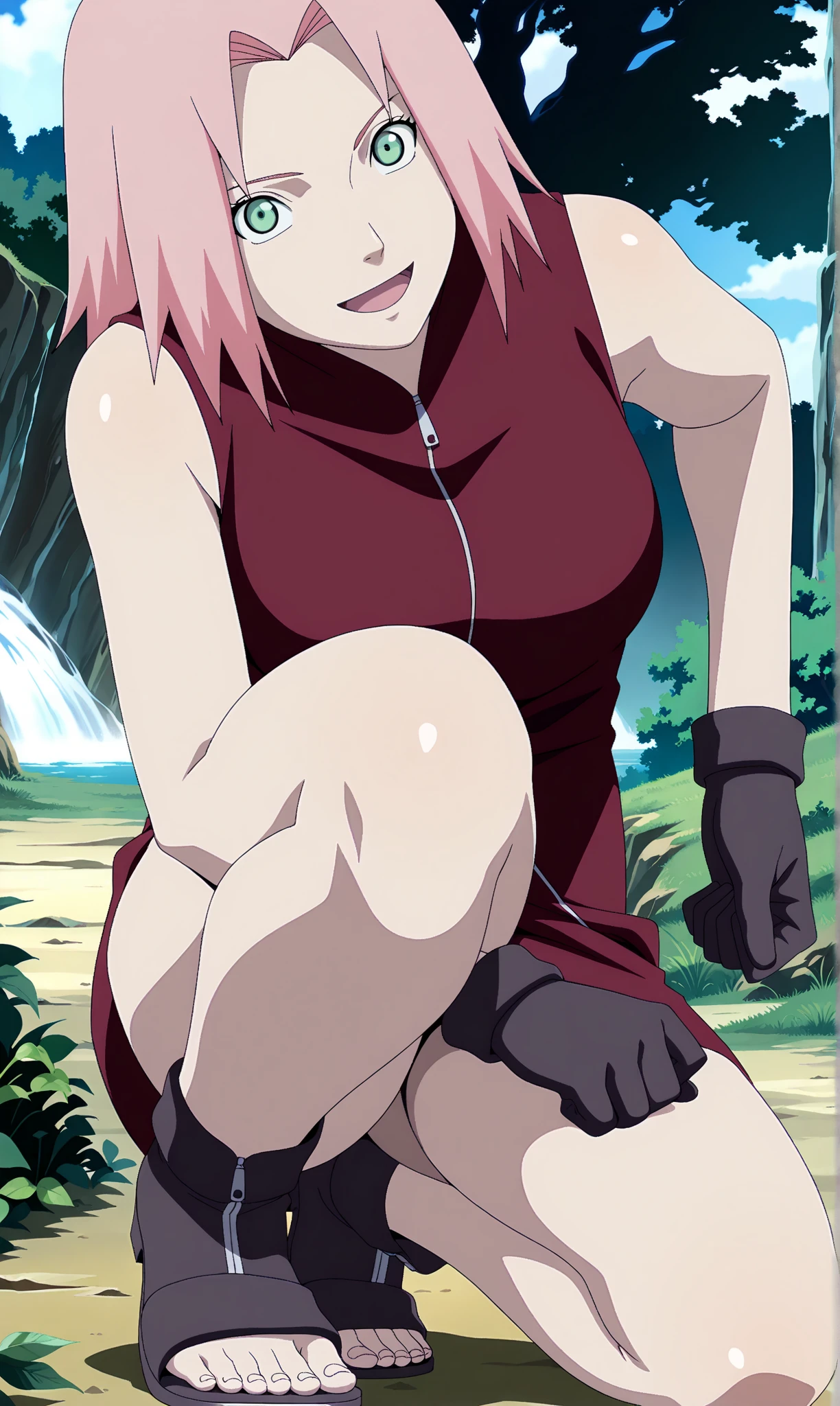 source_anime, masterpiece, best quality, amazing quality, anime screenshot, high quality, 8k, silly, formal style, 1girl, solo, 54kur4 h4run0, pink hair, green eyes, short hair, naked, gloves, toeless shoes, zipper, sleeveless, big, shirtless, bare shoulders, no headband, squat, looking at viewer, :d