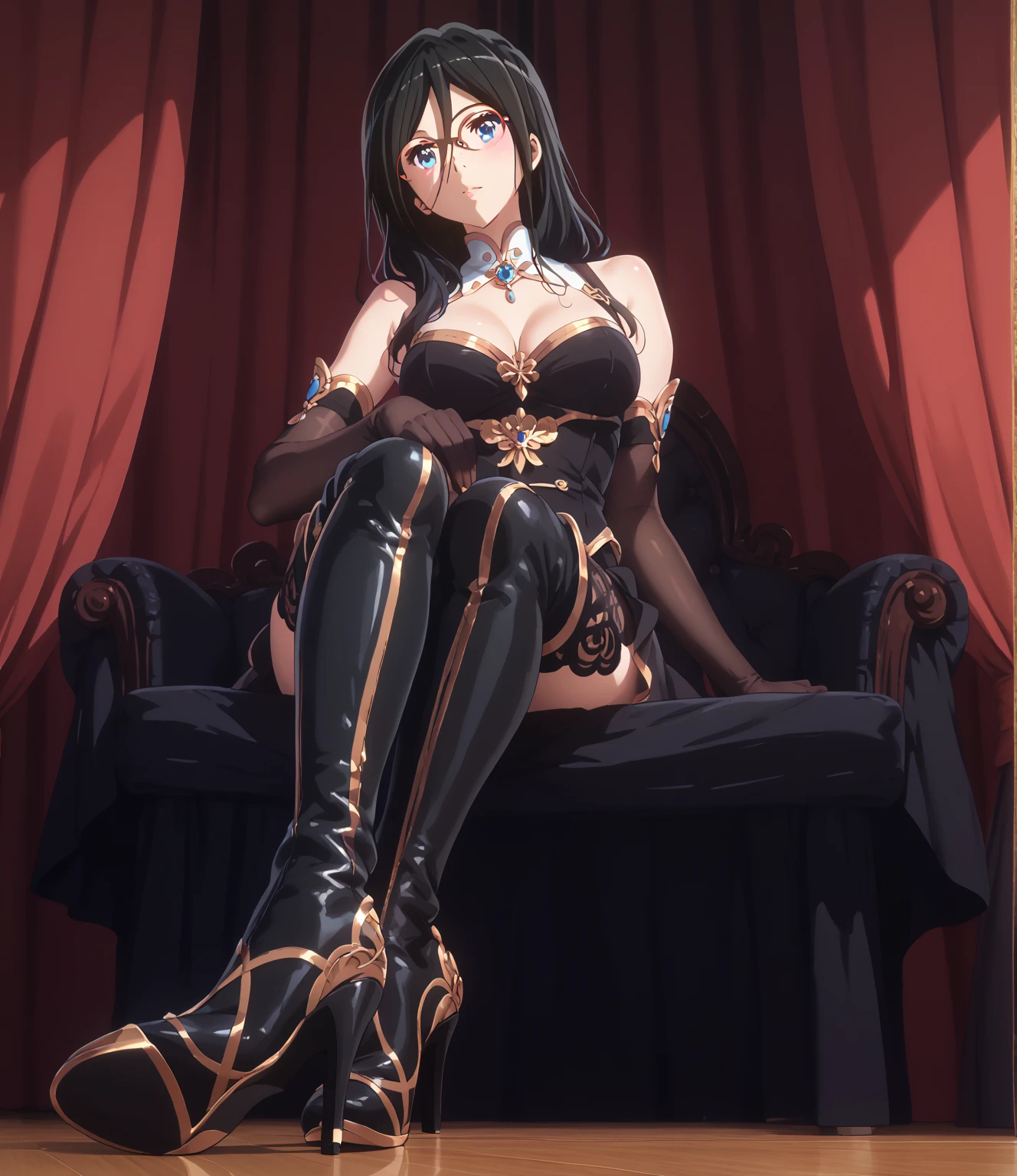(the golden ratio,masutepiece, of the highest quality, Best Quality, Beautiful and aesthetic:1.2), ighly detailed, Colorful,highest details, (Adults,age19,1girl in, Solo, Body stocking has gold lining, Gold collar, Gold loincloth, Hair Ornament, Cape, high-heels,Black full-body stockings, Black full-body stockings, Black full-body stockings, thighs thighs thighs thighs, TharjaV4, 1girl, solo, , footjob,deride you