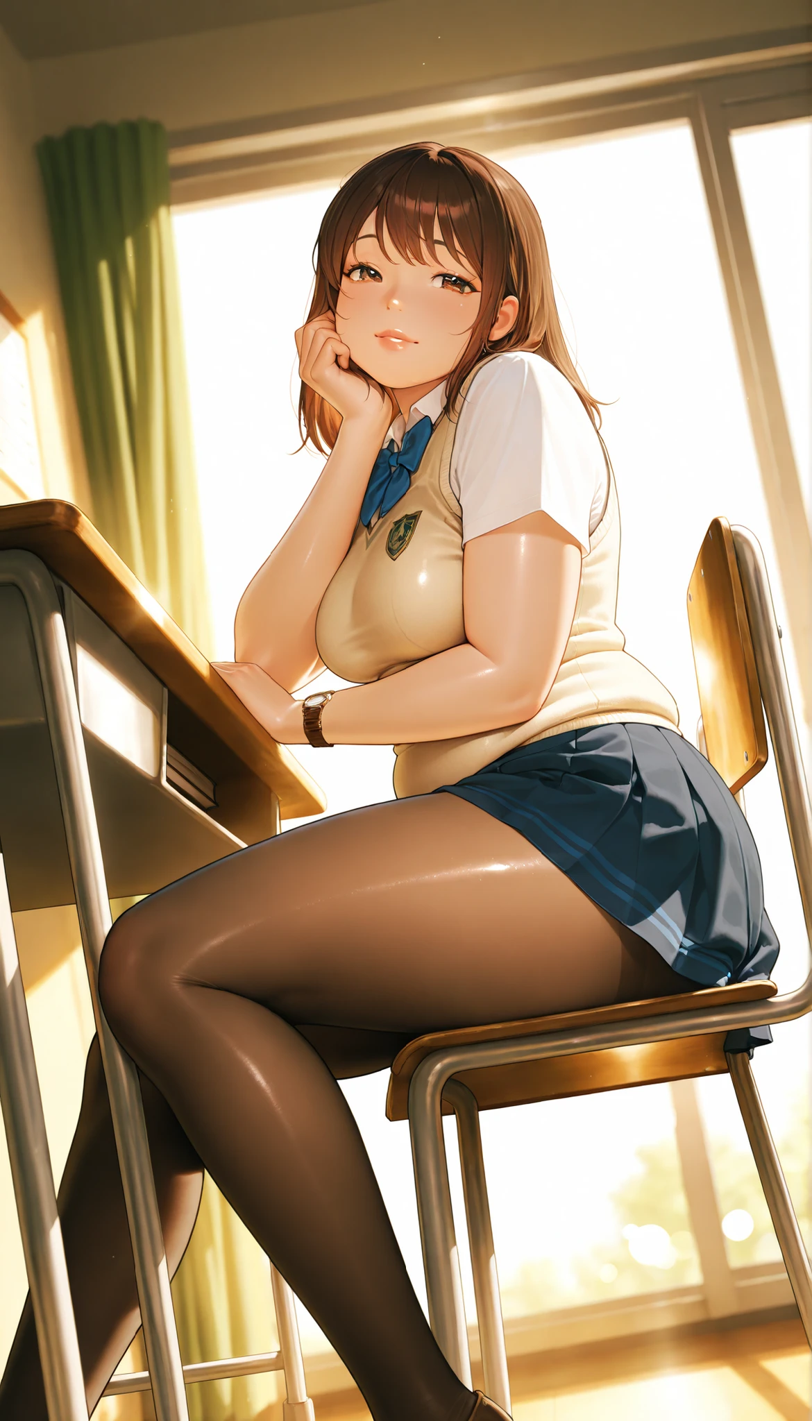   Masterpiece Penis  ,  最High Quality,  High Quality, very aesthetic,  high image quality ,  ultra detailed,  absurd, Latest, scenery,  dark,  1 girl on break day ,  brown eyes in the bedroom ,   Long brown hair , ( plump breasts :1.3),  wide waist, has thick thighs,  watch viewers,  deep,  headrest, green,  winks next door, ( :0.6),  beige vest, schools uniform,  pantyhose, blue bowtie, bow, schools desk, sitting on schools chair,  Team up , schools,   window ,   from below, from the side,  Dutch Angle, ( emphasizes fine fabrics:1.2), in their 40s,   Photorealistic Details , hand, See also, shiny skin, lips,  detailed skin,  detailed face ,  detailed background,  Diffused sunlight,  depth of field, Bokeh,   Masterpiece Penis  ,  最High Quality,  High Quality, very aesthetic,  high image quality ,  ultra detailed, delicate,  absurd, Latest, scenery,  depth of field, Volumetric light