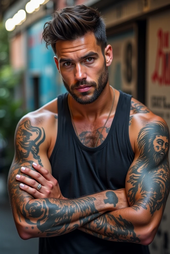 Tall tattooed man with black hair and green eyes