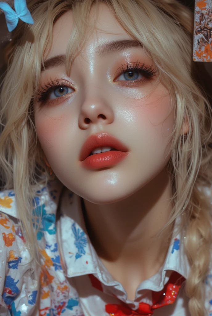 high quality, detailed,a girl with white water drops on her face.she is taking a shower,lots of white water droplets.(at night:2.0),green eyes.she is 13 years old japanese bitch office lady,prostitute,she has a mole under her eye,(((smallest breasts:1.2))),(wearing white business shirt),((wearing black jacket and black bra:1.2)),blunt bangs,((blonde wavy hair,very wet hair and wet face,shiny face)),slender,nipples,temptation,((lying down on the bed:1.2))
((she opens her mouth wide,her cheeks are very red))smile
(selfish:1.4,fisheyes lens)