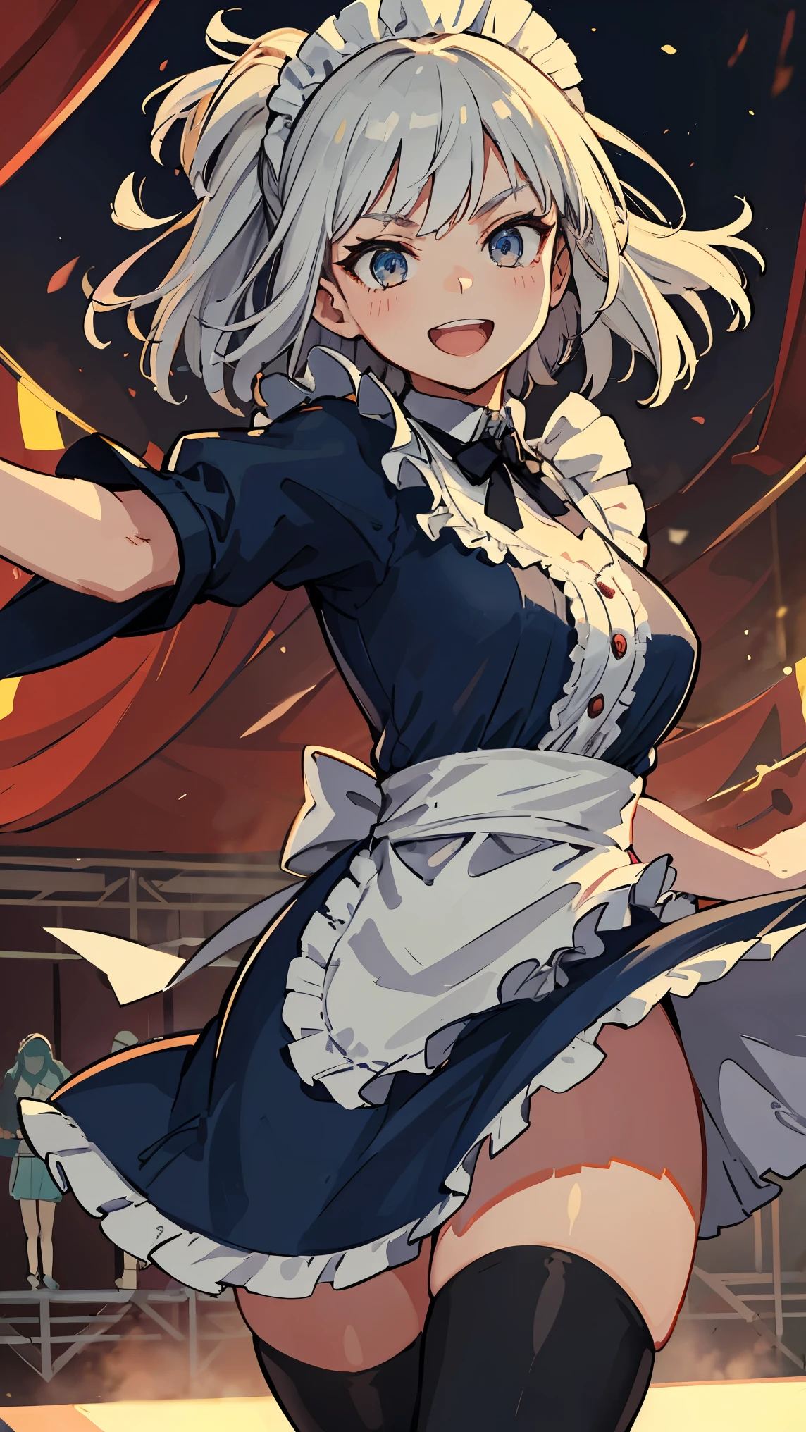 highest quality, masterpiece, High resolution, one person in, {like_FGO:1.15}, red_eye, front hair, ribbon, hair_ribbon, jewelry, earrings, chest, white_hair, red noodles, smile, short_hair, length_hair, small_chest, gray_hair, big_chest, 1 girl, alternine_costume, black_dress, dress, enmaided, looking for_in_viewer, maid, maid_headdress, Swollen_short_sleeve, Swollen_sleeve, short_sleeve, apron, white_apron, waist_apron