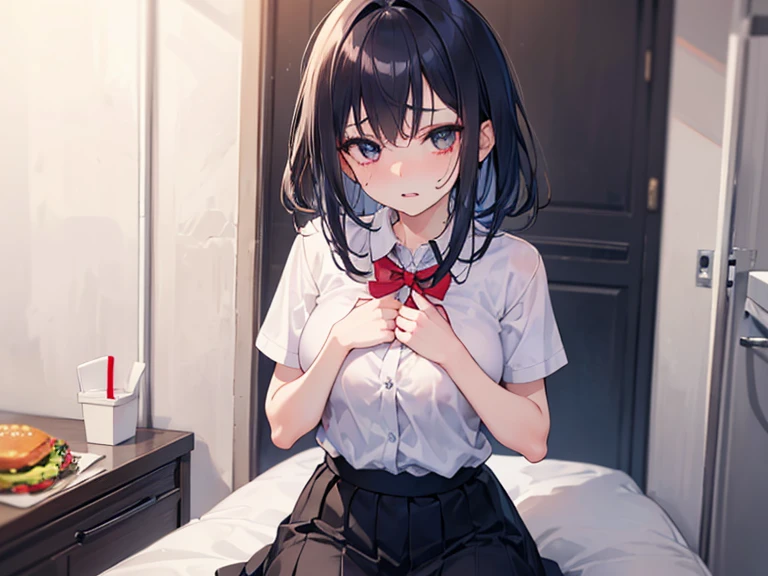 ((masterpiece,Highest quality:1.3,best quality illustration)),((realistic:1.2)),cowboy shot,独奏,1woman,18 year old beauty、black hair,short bob hair,(center parted bangs),black eyes,(gorgeous big eyes),((very small head:1.3)),shy,((slender body,skinny)),(tan skin:1.4),small breasts,White short-sleeved collared shirt、red bowtie,Navy blue pleated mini skirt),gleaming skin,oily skin,slender body,sweat, sitting,spread legs,Simple bed、Simple bedroom、Tokyo、nsfw,