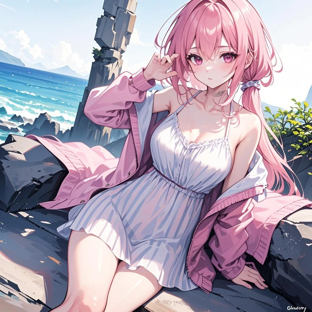 (8K, top-quality, masterpiece:1.2), Super Detail, One girl, (Highly detailed), (beautifully detailed eyes), (of the highest quality), (super detailed), (masterpiece), (Detailed face), 20yr old, 1 girl, (pink hair, long hair), medium breasts, clothed, Perfect Lighting, BREAK, (spring-summer transition:1.3), (floral dress:1.5), (pastel colors:1.4), (lightweight fabric:1.2), (airy silhouette:1.3), (lace details:1.4), (comfortable fit:1.2), (feminine style:1.3), (casual elegance:1.2), (ankle-length:1.3), (sleeveless:1.2), (v-neckline:1.2), (flared skirt:1.4), (cinched waist:1.5), (strappy sandals:1.3), (minimal jewelry:1.2), BREAK, (high quality:1.2), (spring-summer vibe:1.3), (pink long hair:1.5), (gentle smile:1.4), (sideways glance:1.2), (relaxed posture:1.3), (holding skirt:1.4), (natural park background:1.2), (beach background:1.2), (soft morning light:1.3), (warm sunset glow:1.3), (upper body to knees:1.2)