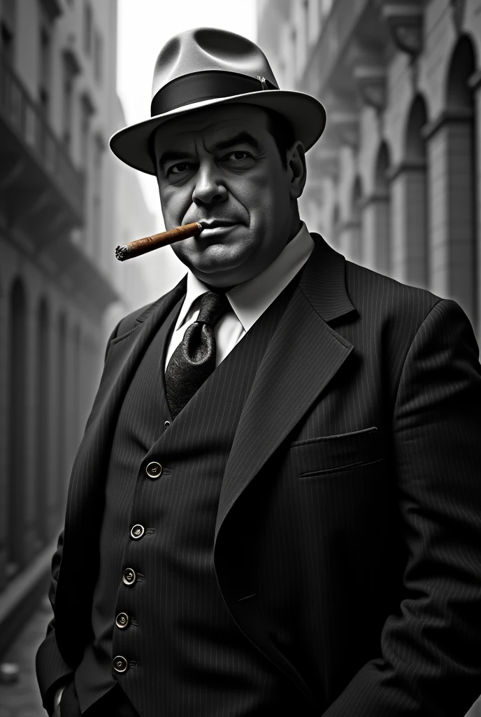 AL CAPONE, with an evil grin, 1920s prohibition era gangster, tommy gun, cigar, pinstriped suit, detailed facial features, intense eyes, malicious smile, dramatic lighting, cinematic atmosphere, dark moody colors, gritty urban setting, photorealistic, hyperdetailed, dramatic lighting, chiaroscuro, cinematic composition