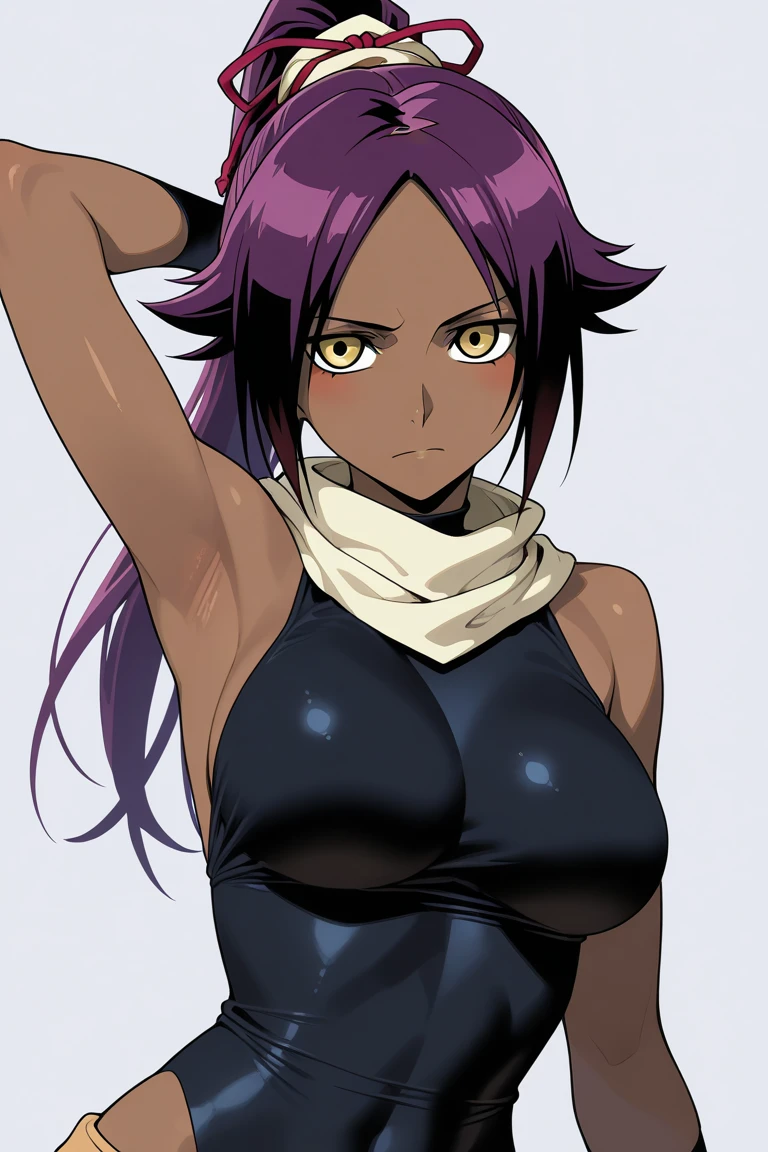 1girl, masterpiece, high quality, huge breast, bright breasts, looking into camera, safe, shining , blush face, cleavage, standing, yoruichi, long hair, yoruichi shihouin, long hair, (yellow eyes:1.5), ponytail, purple hair, dark skin, dark-skinned female, wear white lace lingerie, white lace bra, white lace panties,