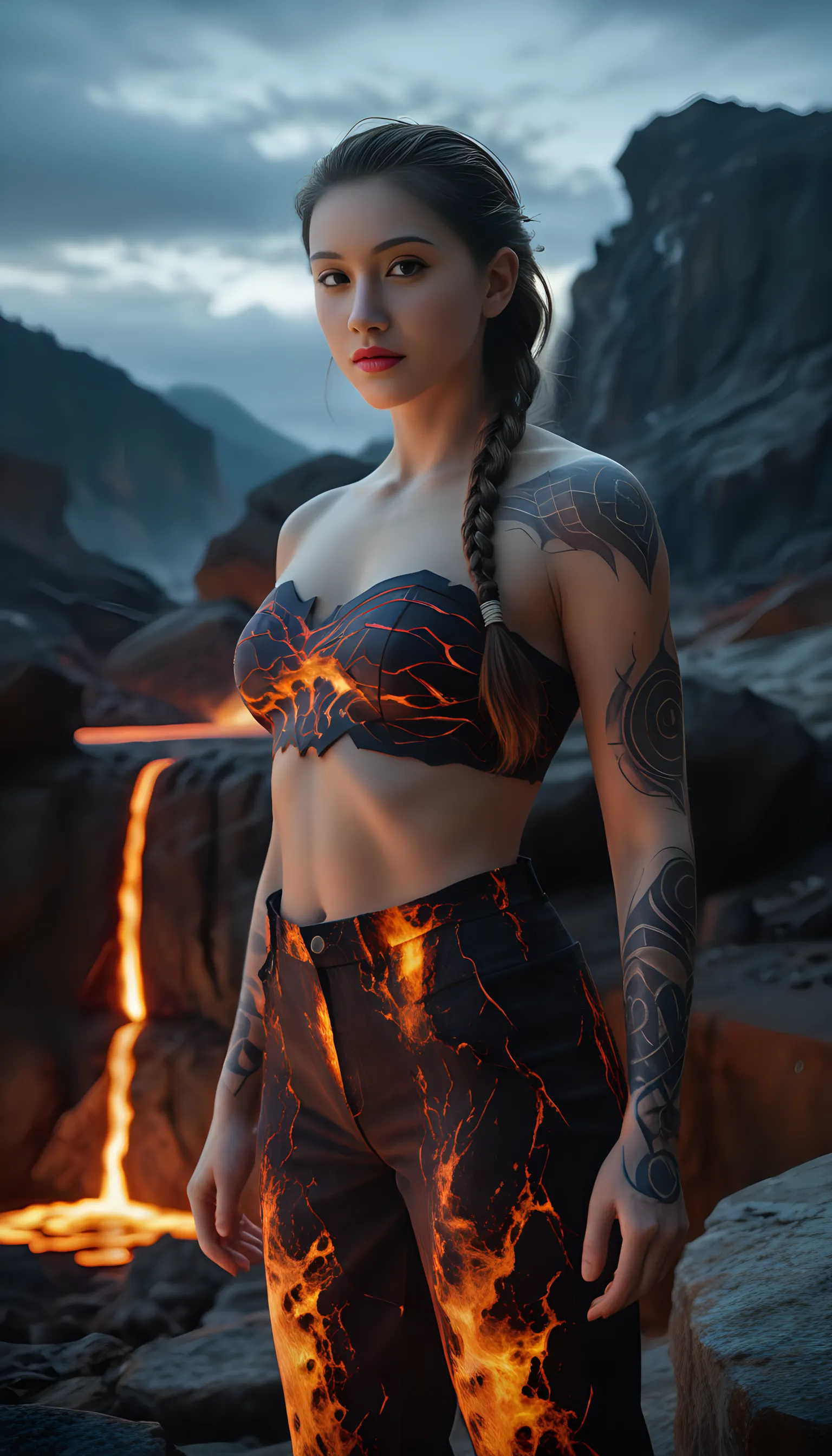 1girl, 18~25 years old, medium breasted, Kazue, ((flametattoo)), ((kamin_tattoo)), ((glowing_eyes)), ((beautiful_smile)), ((flying_hair)), ((red_hair)), ((pyro_fusion gauntlets)), ((smoke_cloud)), ((explosive_blast)), ((Fire_emmited)), (outdoor_settings), (day), ((beautiful_landscape)), (Kazue_flying), (1/2 pose)