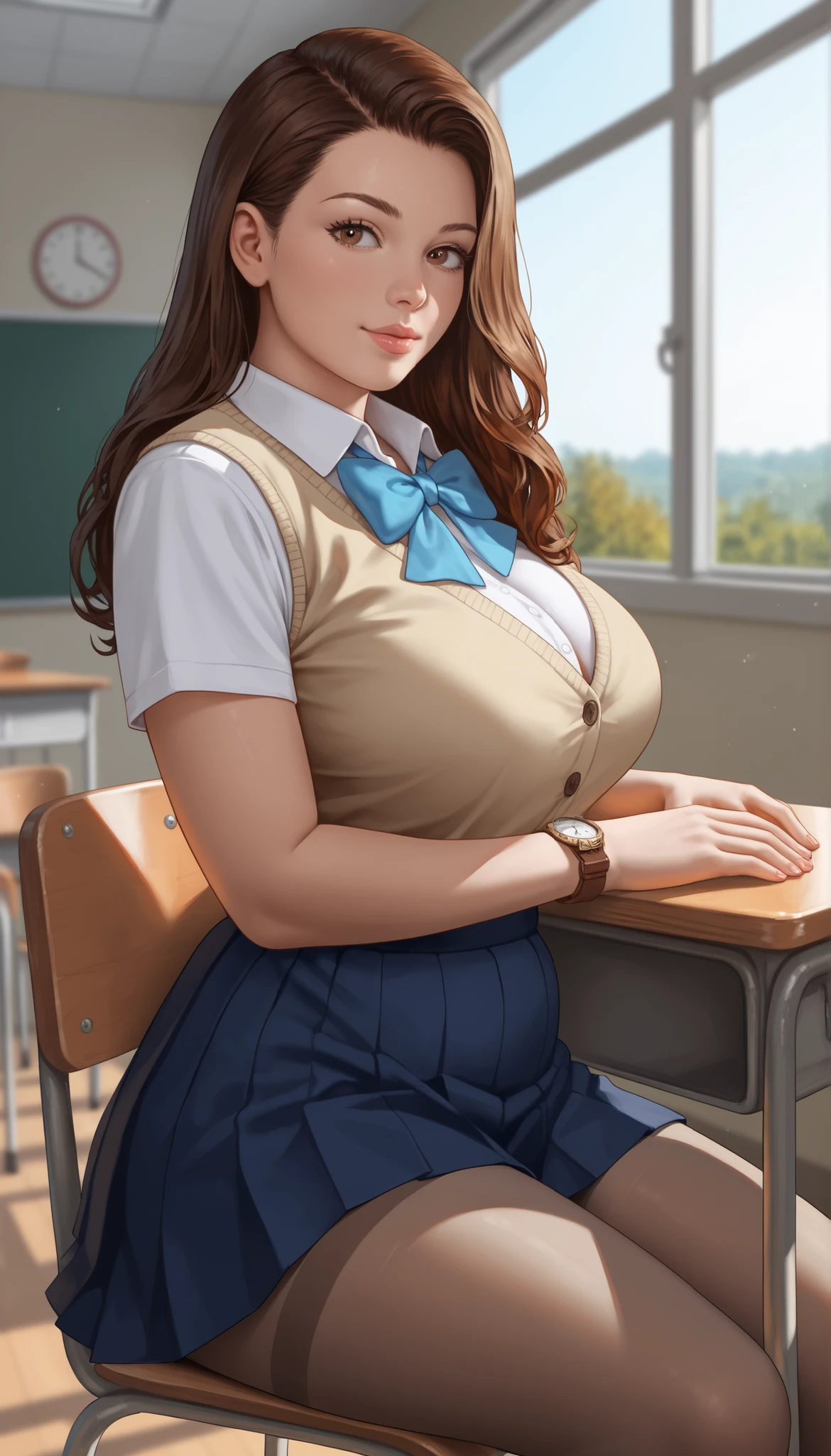 (best quality:1.4)、(High resolution)、Detailed Background、(Fair face in every detail:1.4)、anatomically correct、(Draw the usual number of fingers:1.2)、(Detailed facial expressions)、Fair, Smooth skin、teenage girl、(Huge breasts:1.5)、charming hair color、ponytail、shortcut、Practical、Perfect body line、Sitting on a chair in the classroom、Highlight your breasts、Emphasize your cleavage、Show your charming armpits、sexy big ass、Charming thick thighs、absolute area、charming atmosphere、excited、blush、My shirt button fell off.、The buttons on my shirt are pulled too tight&#39;About to fall、Look at me with a shy expression、Clear short-sleeved shirt、Cowboy shooting、

(Beautiful girl in short sleeve shirt，shirt too small，All the buttons fell off，My breasts are about to burst..:1.5)、

Choose a shorter shirt top, such as pink or mint green.、
Pair with a pleated or flared miniskirt.、
The tulle mini skirt is also charming.、Colored ribbons、
Wear Oxford shoes，Make your look more perfect、charming，brown hair，blue eyes，Smile，lipstick