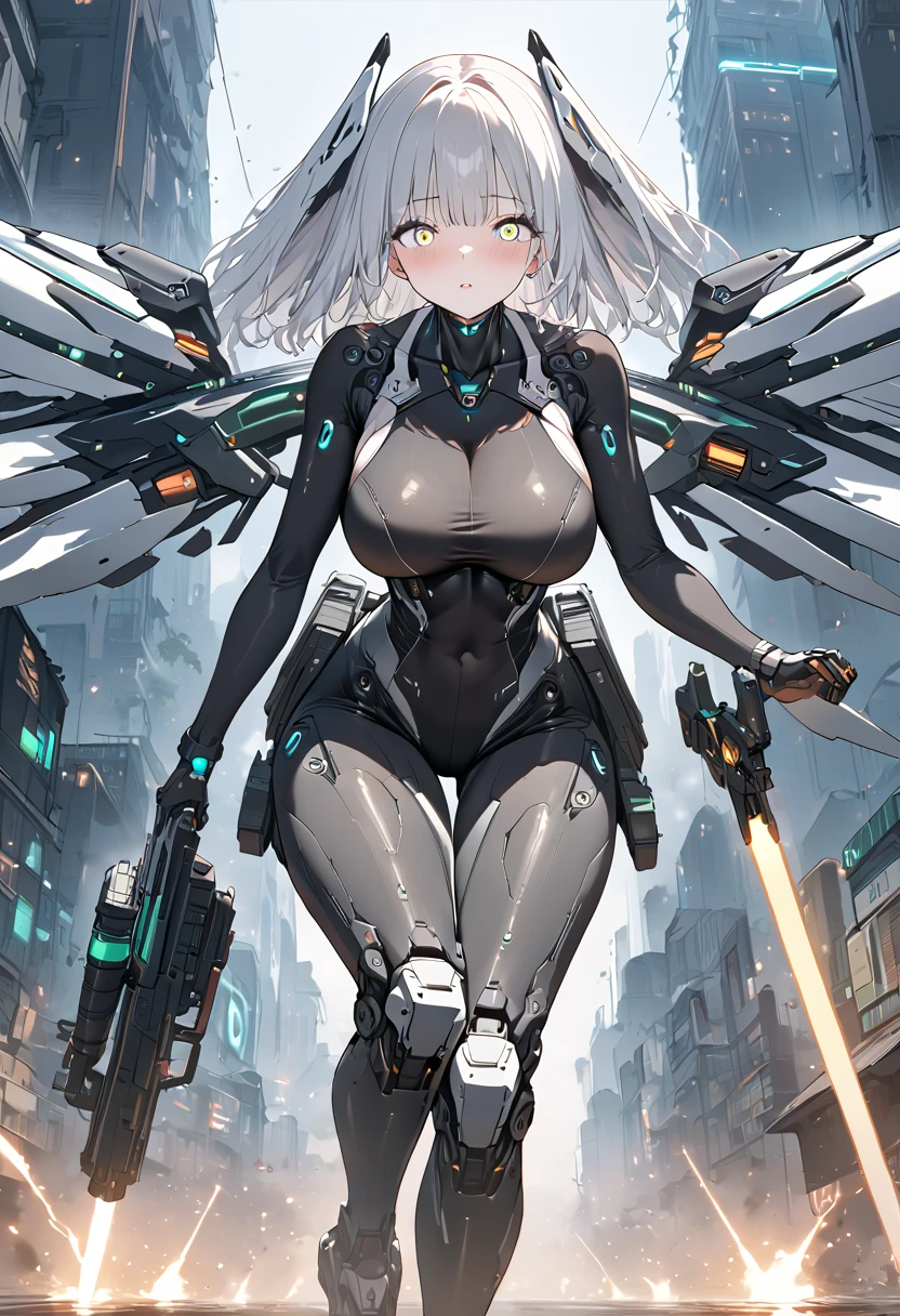 最high quality、best image quality、masterpiece、teenage girl((18-year-old、 By becoming、vest bust、medium bust,wide open breast tea、black eye, gray hAria、long hAria、thin,highest valley、Black Battlesuit、white arm parts、white leg parts、Holding a big sword、Glowing red wings,Aria、splatters、fighting pose)),high quality、beautiful art、background((outer space、battlefield、splattersing beams、military base))瓦礫がsplatters、Depth of written boundary、movie、visual art、perfect art、8K,genuine