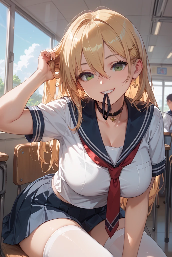 (throw_hand grabbing 胸), One girl, One boy, highest quality, Super detailed, masterpiece, Ultra-high resolution, 8k, Ridiculous, Cowboy Shooting, Blurred, One girl, Focus on the girl, Embarrassing, blush, Lovely, Close one eye, With tears in her eyes and her mouth open, What saliva leaves behind, Wet skirt hem, (Sticky panties:1.1), Bulging of the vibrator cord, Vibrator with Garters, (cleavage), Classroom Background, (Fleet Collection, Island Breeze), The skirt is accidentally exposed,(medium breasts), Accidentally exposed panties