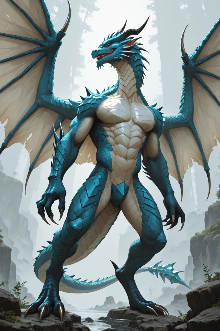 Tall and muscular dragon, in a purple thong, wings. Scales bright blue. Powerful and sexy sculpted body. Stands at full height with one foot resting on the landscape. sexy leg curves. There are many scars on his body, which emphasizes his strength and sexuality. The wings are powerful and muscular. bulge in the perineum, The dragon itself is detailed. Stands next to a forest stream. The dragon shimmers in the light, Mid-day. In a very beautiful place. turned his head to the side, looking around. One hand on hip, another for the head. it's smiling, A kind look, bright emerald eyes. Straps are attached to the other thigh. beautiful nature, Enjoys nature. Ultra High Quality Image, ultra realistic style. 