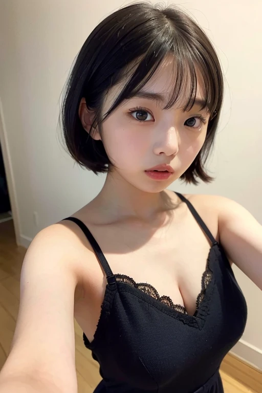 Lace camisole、Dark Room、bed、Embarrassed face、Short hair with bangs