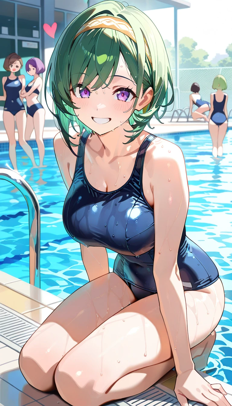 Highest quality, masterpiece, Ultra-high resolution, (Realistic:1.4), RAW Photos, Intricate details, Big beautiful eyes, Perfect contours, masterpiece, One Girl, ((Primary school students)), Braided Bob, (Firm breasts:1.3, High chest:1.3), Curvy waist:1.5, Competitive swimmer, (one piece:1.5, turtleneck,Sleeveless swimwear), A shiny metallic green swimsuit:1.5, tight high leg swimsuit:1.4, ((Shooting from below:1.3)), Portraiture, View your audience, Outdoor swimming pool, Wet Skin, smile, (Underarm)