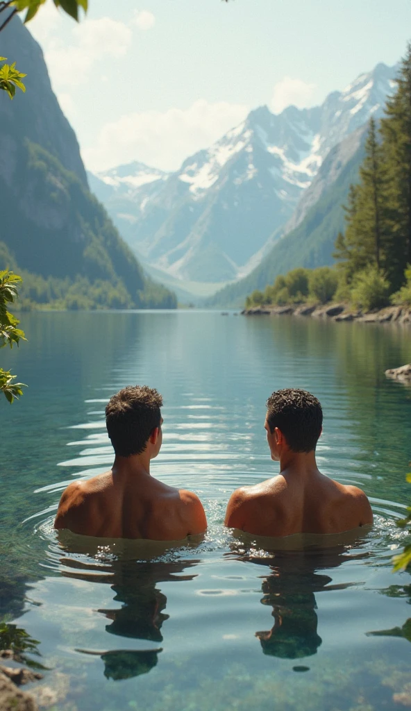 (lifestyle photography:1.4), close-up of two cool young Europeans (male), they are sitting together in a hot spring on an exotic island, they are very joyful, happy, lovers, (smile), they look at each other, ((random face)) ((random hairstyle )), (cinematic light:1.3), shot on Canon EOS with Ektar 100 film (soft focus filter:1.3)