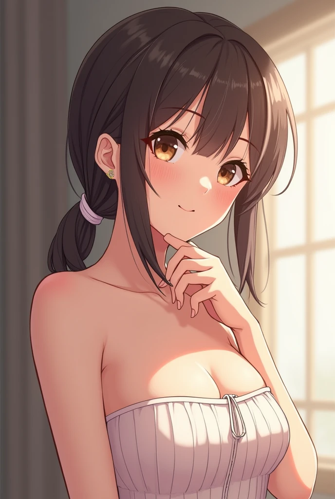 Placing hand on face, movie angle, Real person, RAW Photos, Realistic, Portrait Photography, Shiny skin, Japanese Idols, 25 year old woman with bangedium Hair) and (Brown Hair) and (Brown eyes), Pink off-shoulder blouse, smile, (shy:1.2)、(blush:1.5), The background is the living room、Alone、The upper body is shown