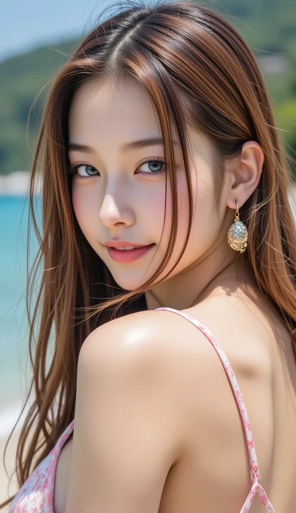 (masterpiece:1.3), (8k, Realistic, RAW Photos, Best image quality: 1.4), Very cute idols of Japan、(Random Hairstyles:1.2)、Very small breasts:1.2、Very detailedな顔、Attention to detail、double eyelid、Sharp focus:1.2、Beautiful woman:1.4、Light brown hair、highest quality、masterpiece、超A high resolution、(Realistic:1.4)、Very detailed、Professionally lit face、Tight Bikini、Shoulder out、Natural Makeup、mole、Dimples、(((Seaside,plump,squat,))),