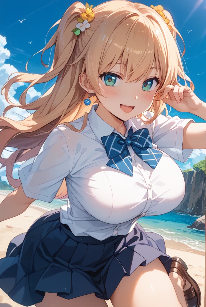 Blonde、ponytail、blue eyes、Super huge breasts、black tube top、masterpiece、High resolution、highest quality、Detailed face、Beach、Anime Moe Art Style、abdomen、Belly button、Cowboy Shot、A big smile、Outdoor、healthy、Tie your clothes around your waist、puffy nipple、