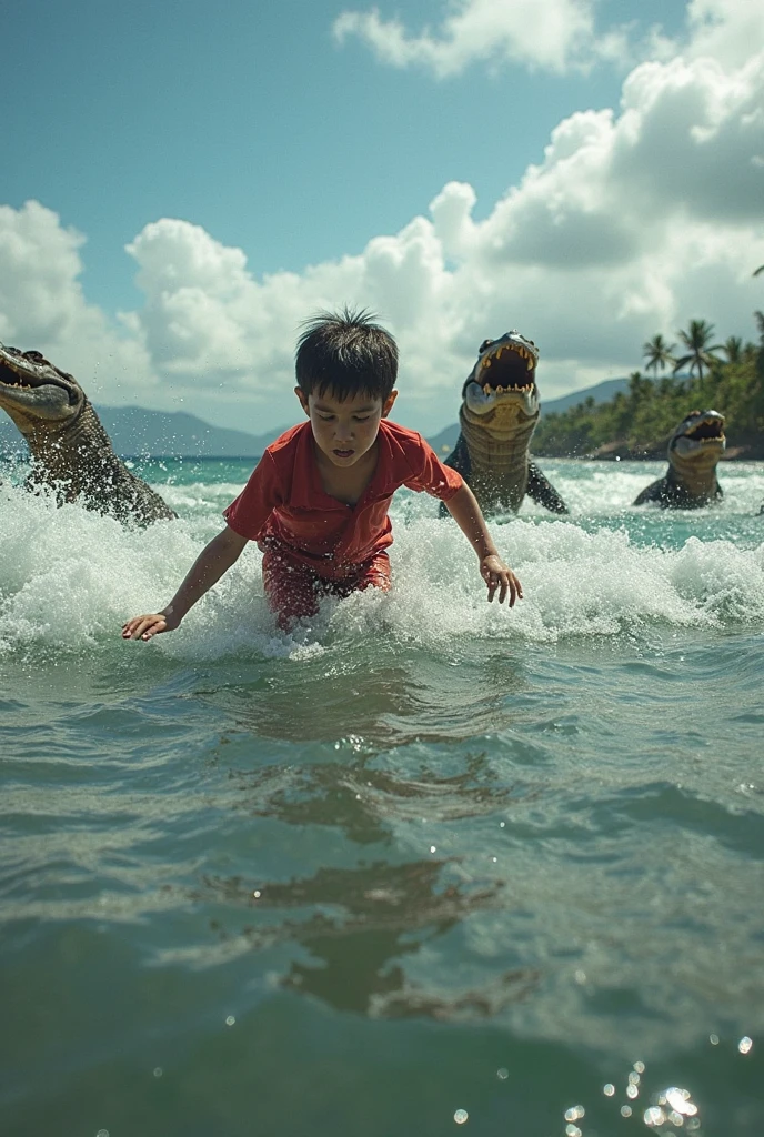 Levitating boy, behind a green aquatic monster and a red monster