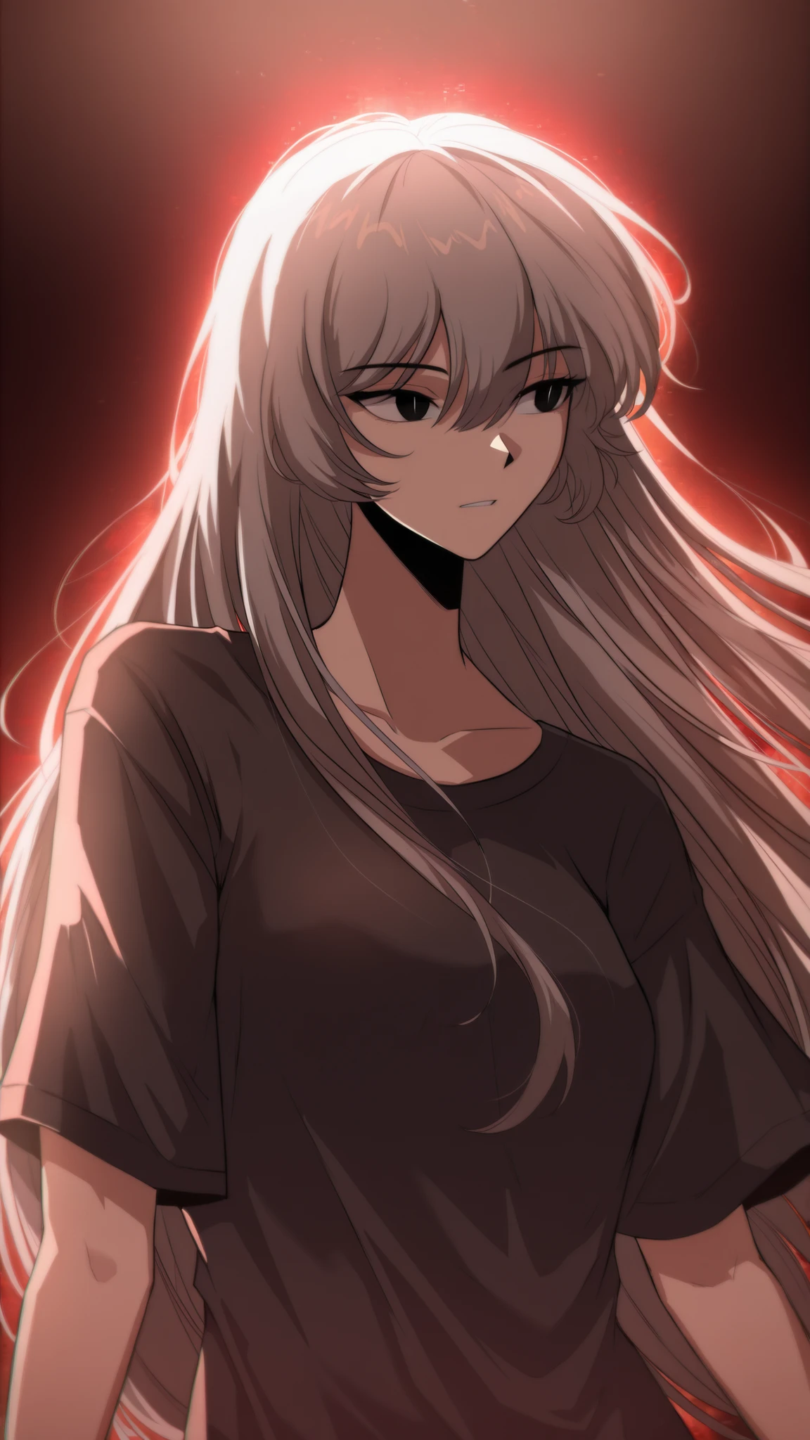 by [arknights|(748cmstyle:0.5)], god rays, cinematic shot, dramatic lighting, adult, masterpiece, best quality, amazing quality, very aesthetic, high resolution, ultra-detailed, absurdres, manwha, Solo Max Level Newbie, Webtoon,
1girl, solo, alone,(dynamic pose, side eye, looking over her shoulder, looking to the side, upper body focus, action shot, three quarter view, medium close shot:1.2), , hair between eyes, slit pupils, OpheliaSMLN, black eyes, gray hair, brooch, wolf_cut hair, very long hair, loose t-shirt, divine aura, BREAK, depth of field, volumetric lighting, (((glitchy, distortion, chromatic aberration))), scenery, 
 