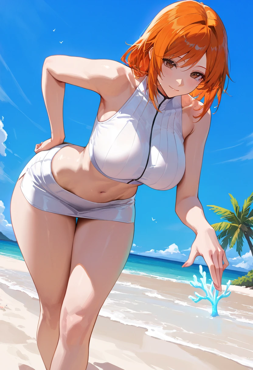 (masterpiece), (best quality), (ultra-detailed), (extremely detailed cg), (a extremely delicate), (perfect lighting), (8k), (dynamic angle), (sharp image), vibrant colors, female, masterpiece, best quality, depth of field, cinematic lighting, masterpiece, best quality, ultra-detailed, colorful, vibrant, large breasts, thighs, mature female, solo, (masterpiece, best quality, high resolution, animescreencap, anime colored,), (perfect anatomy, beautiful detailed eyes, beautiful detailed body, beautiful breast, shiny skin), the sexy anime woman is standing outside, (white tank top), (laced panties),makima(chainsaw man), 1girl,long hair, loose ponytail, red hair, side bangs, red eyes, ringed eyes, medium breasts,((sweaty body)) , ((wet skin)), very wet skin, shy expression, blushing,body abs, outdoors, seaside, beach sand, blue skies, sunlight, arms behind head, sweaty armpits, super wet skin, show both armpits, dynamic pose, erotic pose, looking at viewer, looking from down below, black sunglasses, pale skin, white skin