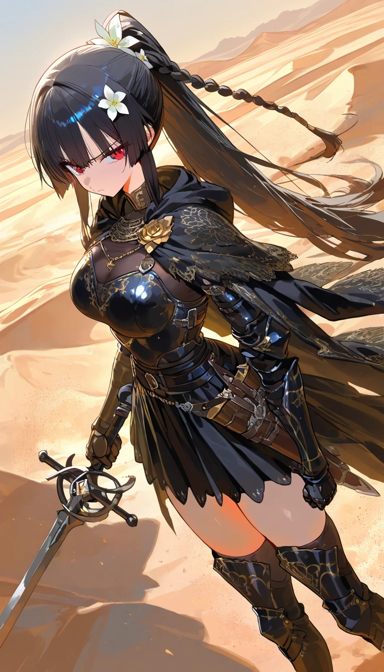 (beautiful girl : 1.3),1 girl,(Black Armor,black embroidered cloak,Flower Hair Ornament,thigh,boots),black hair,ponytail,braids,anger, abusive,has a sword, desert,active,dynamic angle,masterpiece,Highest Quality,Rich Contrast,high image quality,8k,High Definition CG Unit Wallpaper,texture,unbelievably absurd, RAW photos ,deep border 1 .2,very detailed
